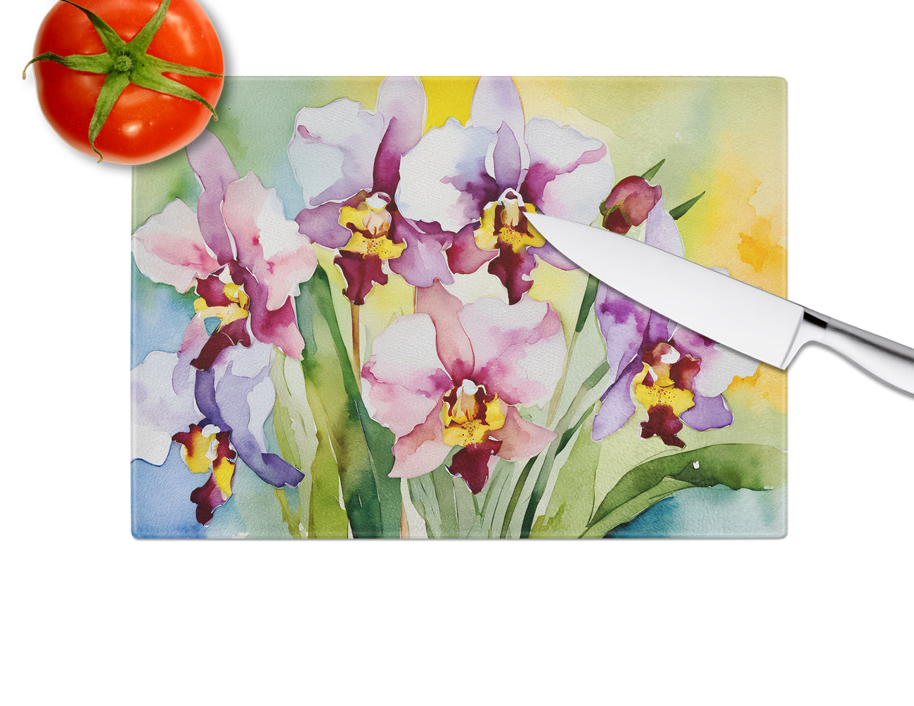 Orchids in Watercolor Glass Cutting Board