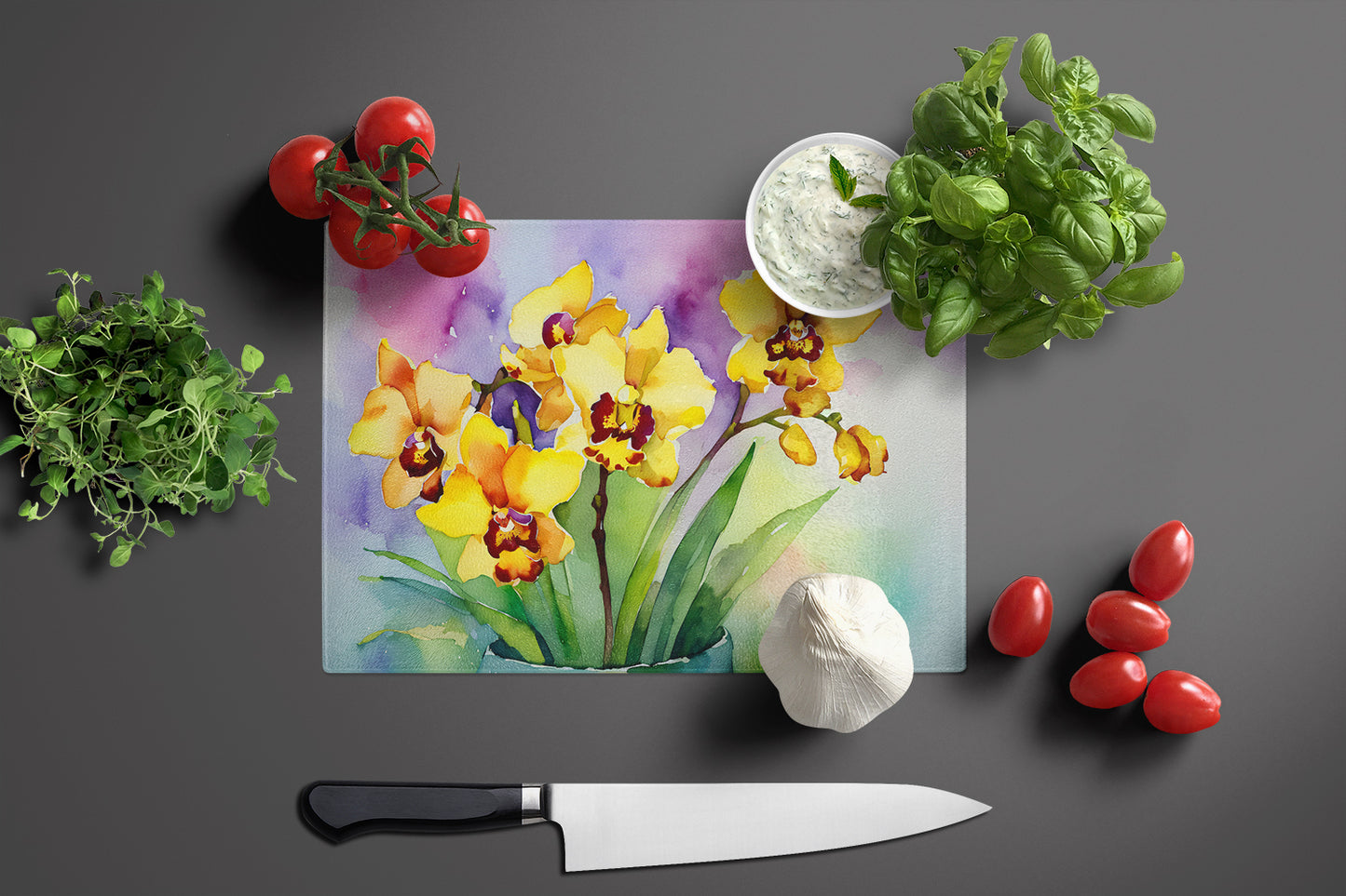 Orchids in Watercolor Glass Cutting Board