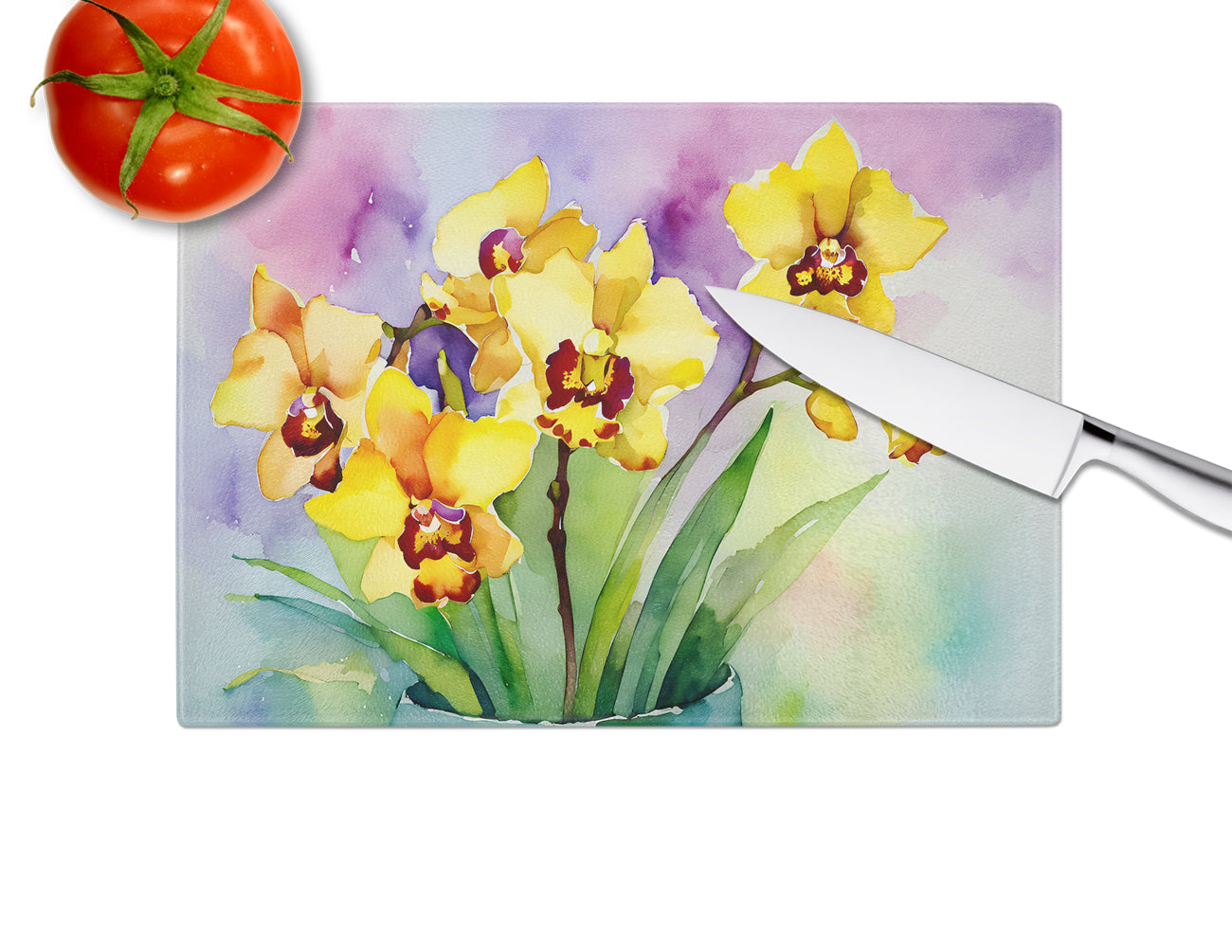 Orchids in Watercolor Glass Cutting Board