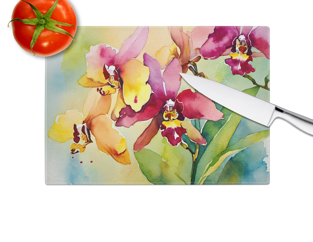 Orchids in Watercolor Glass Cutting Board