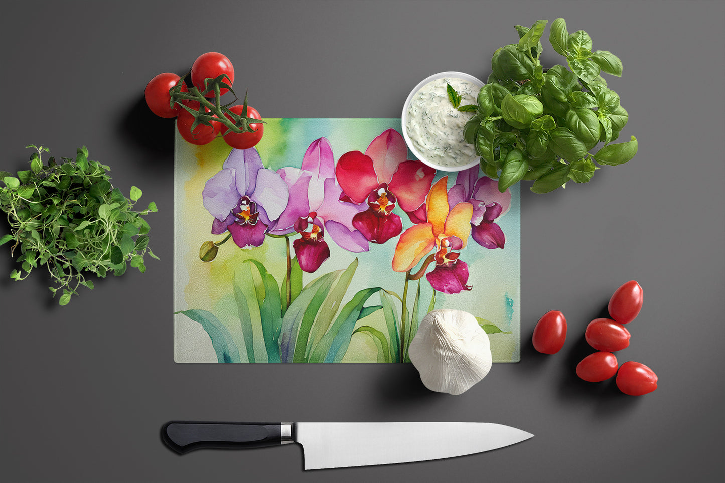 Orchids in Watercolor Glass Cutting Board