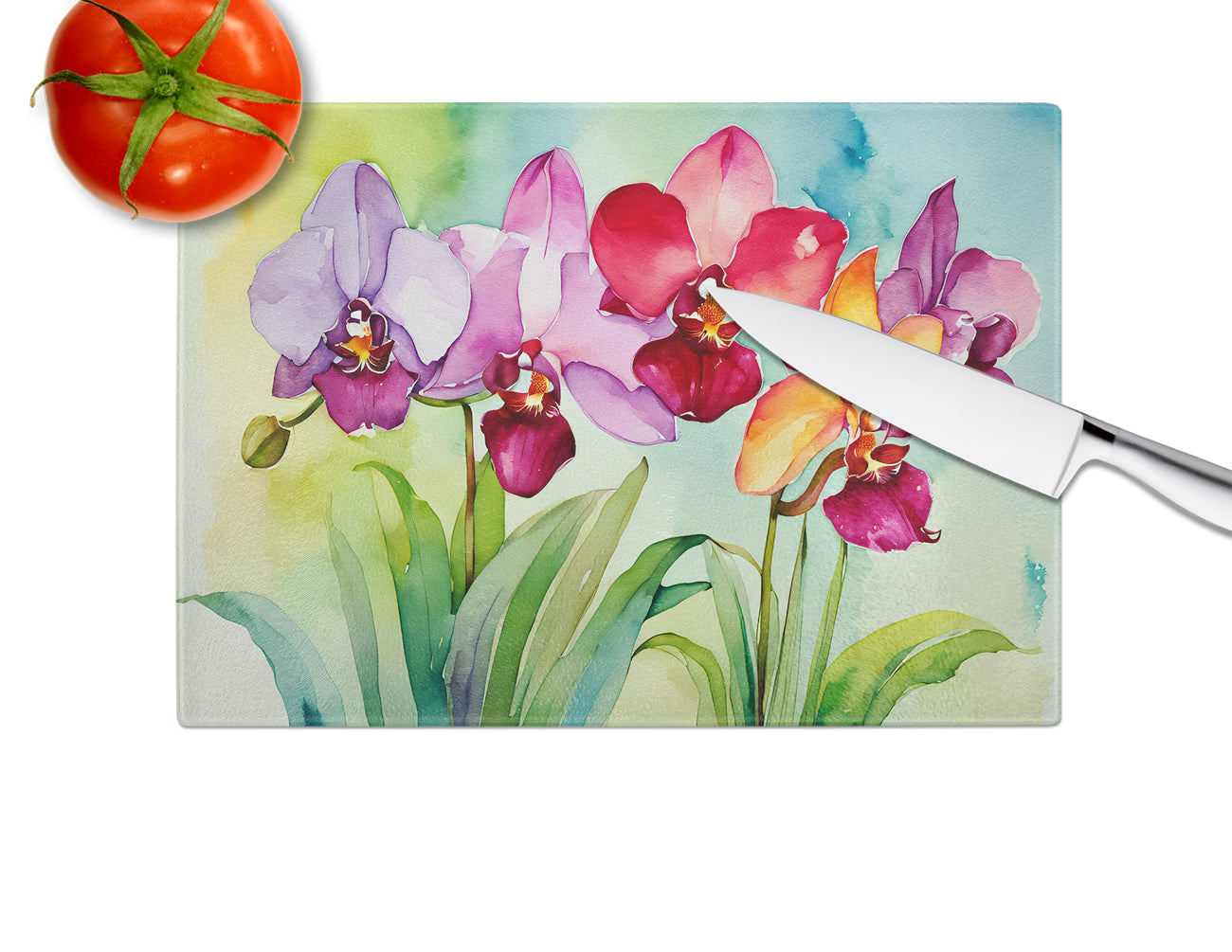 Orchids in Watercolor Glass Cutting Board