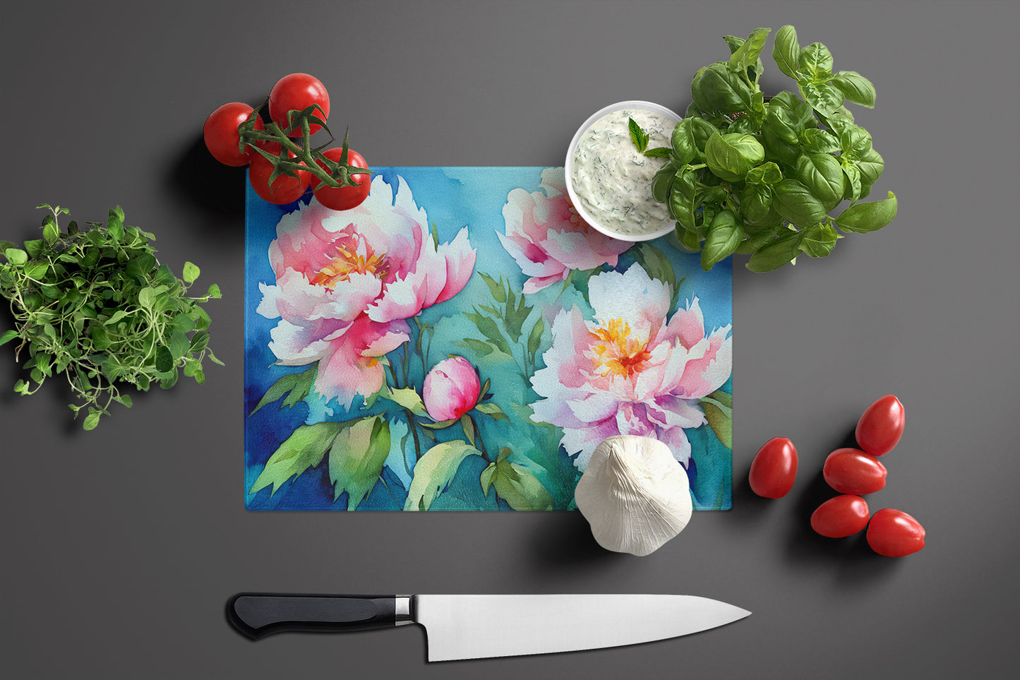 Peonies in Watercolor Glass Cutting Board