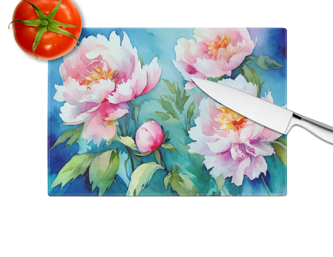 Peonies in Watercolor Glass Cutting Board