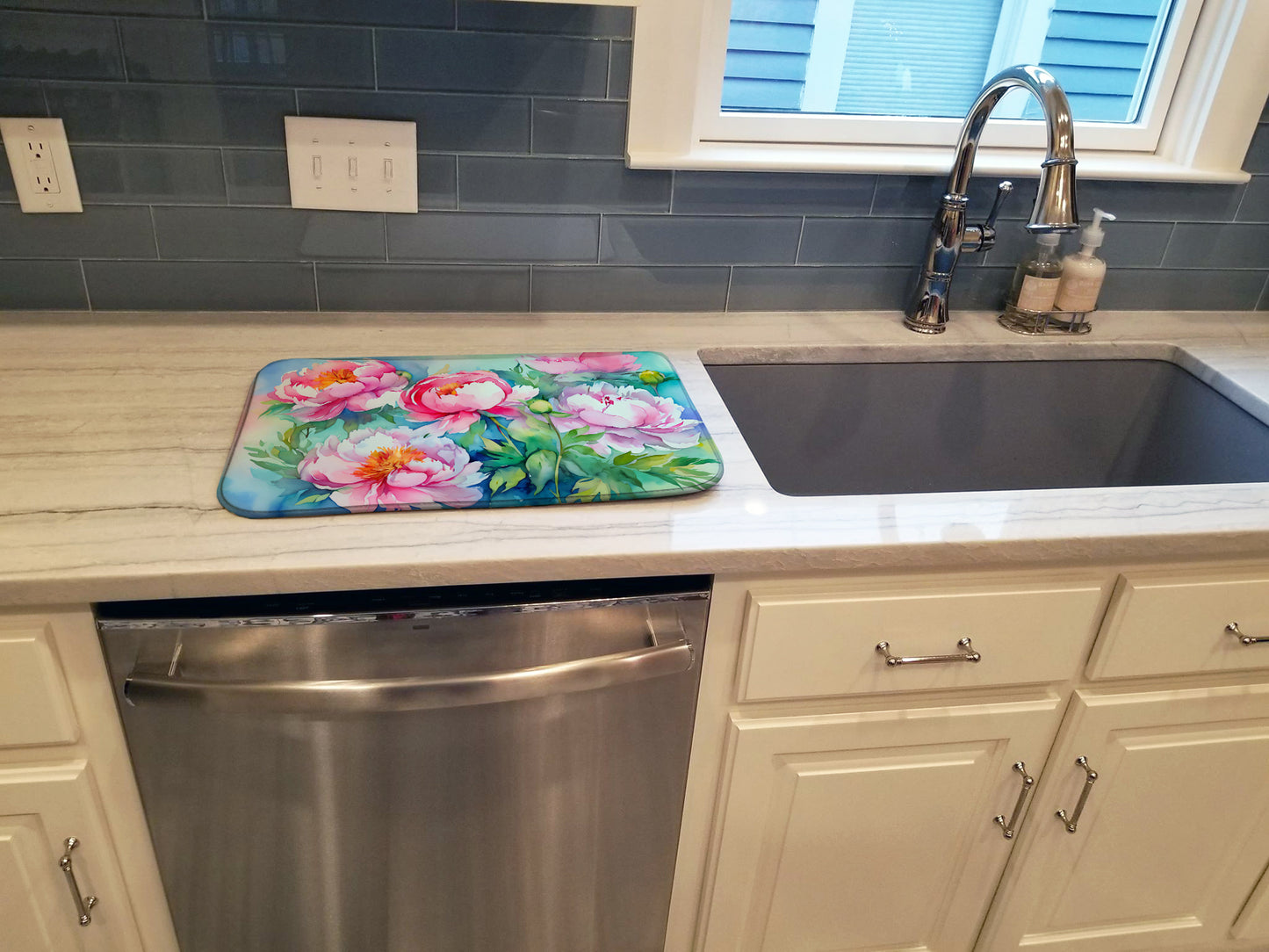 Peonies in Watercolor Dish Drying Mat