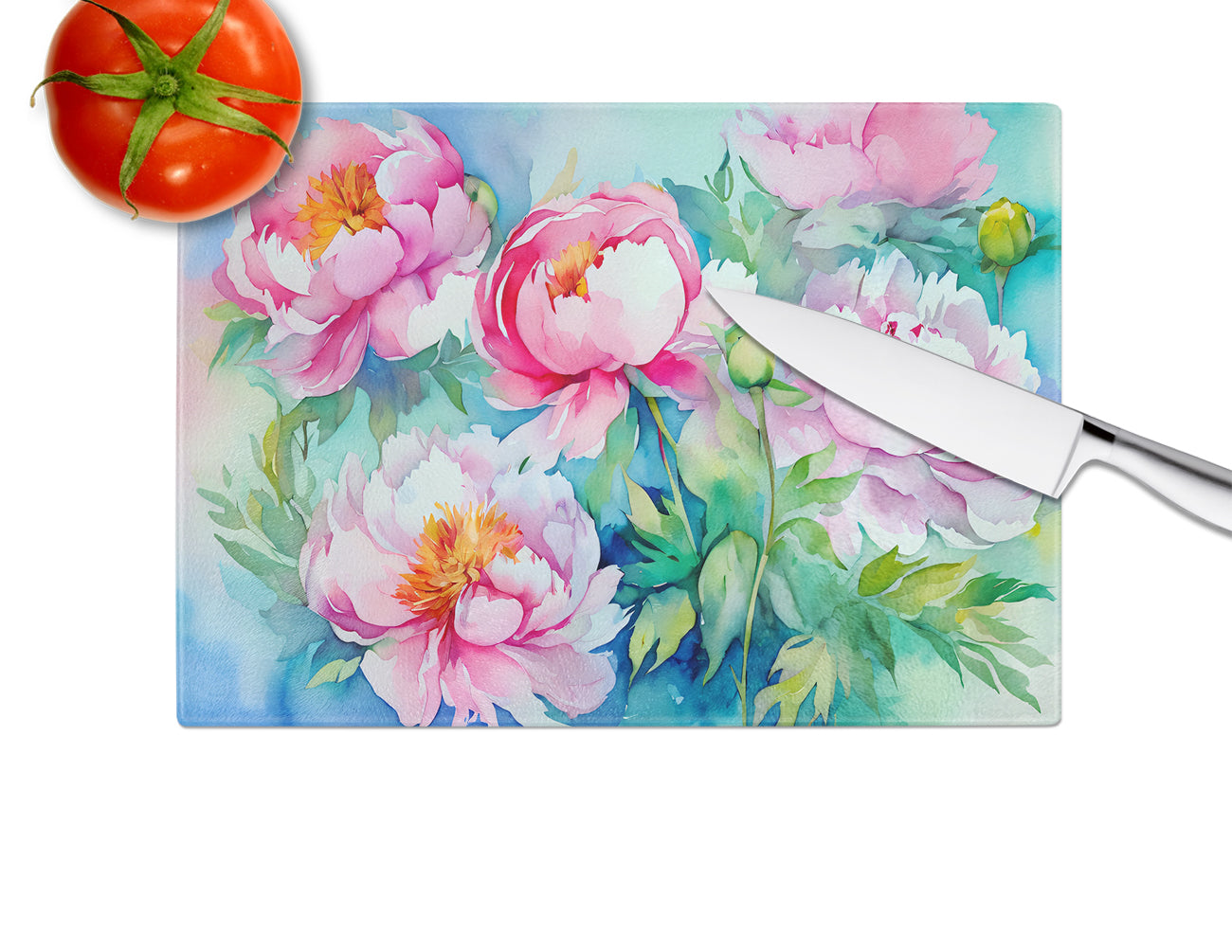 Peonies in Watercolor Glass Cutting Board