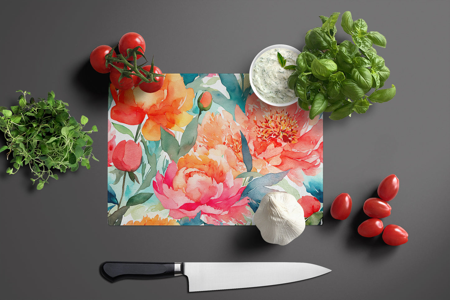 Peonies in Watercolor Glass Cutting Board