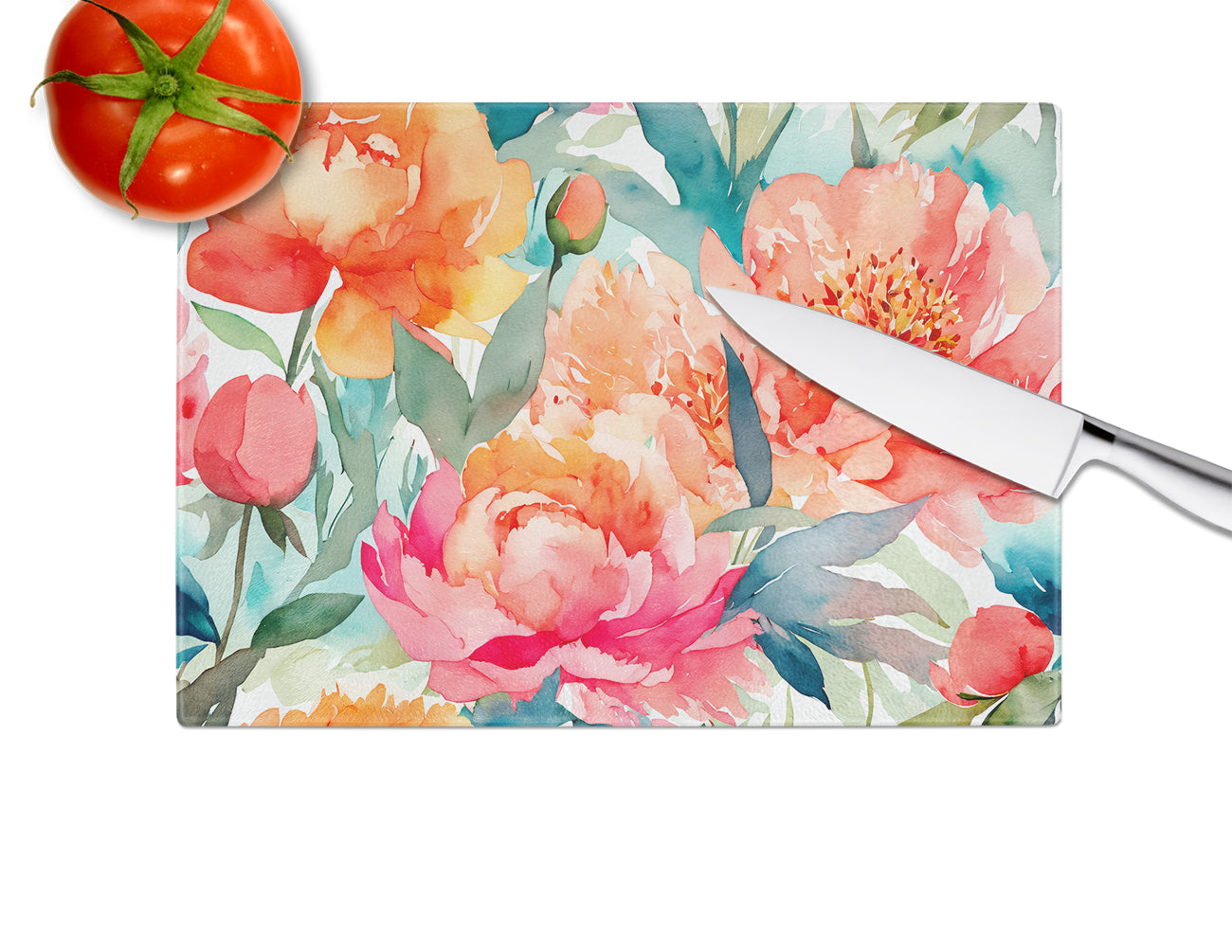 Peonies in Watercolor Glass Cutting Board