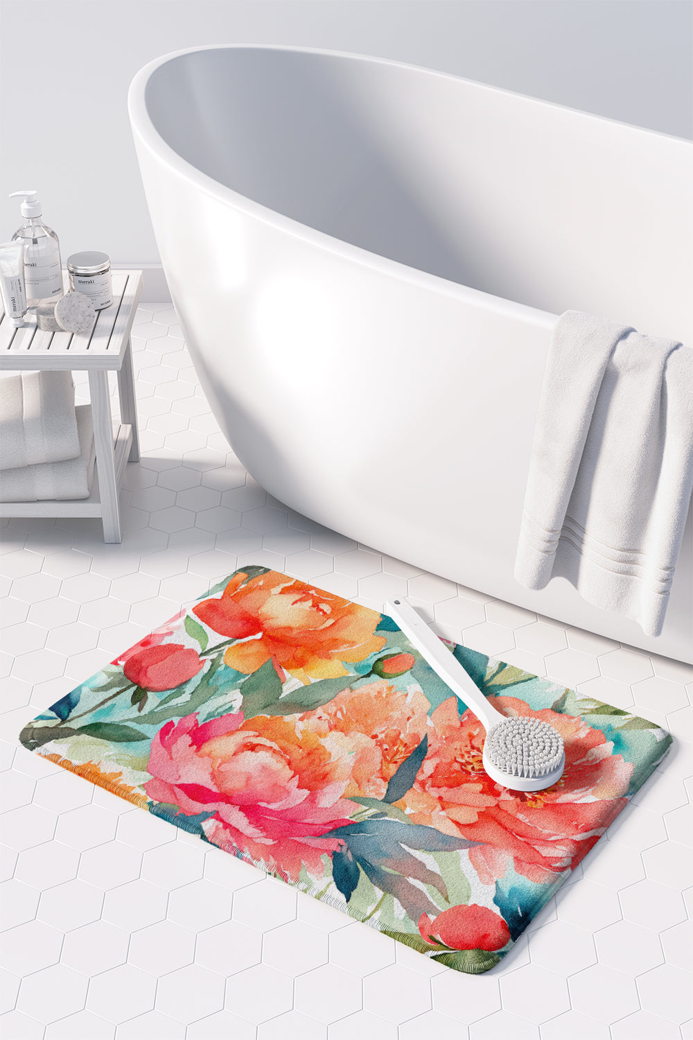 Peonies in Watercolor Memory Foam Kitchen Mat