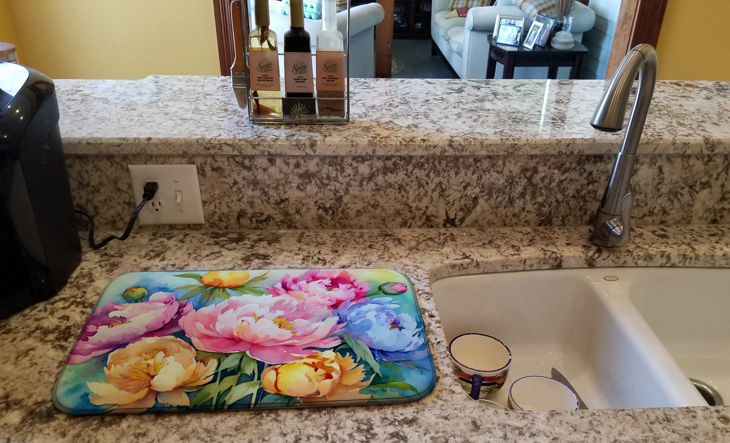 Peonies in Watercolor Dish Drying Mat