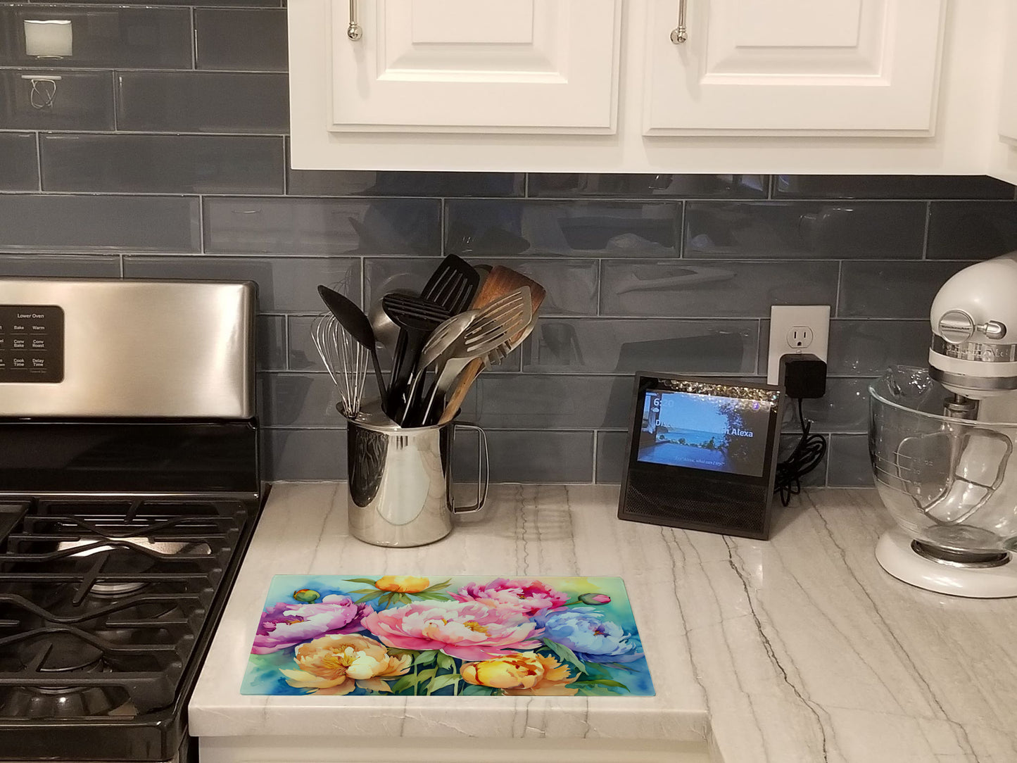 Peonies in Watercolor Glass Cutting Board