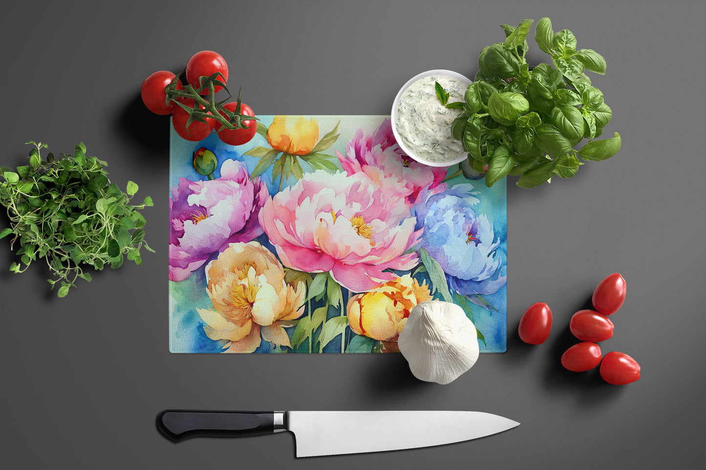 Peonies in Watercolor Glass Cutting Board