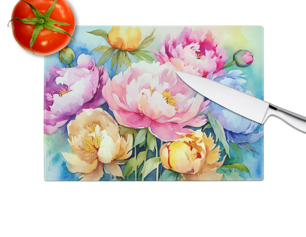 Peonies in Watercolor Glass Cutting Board