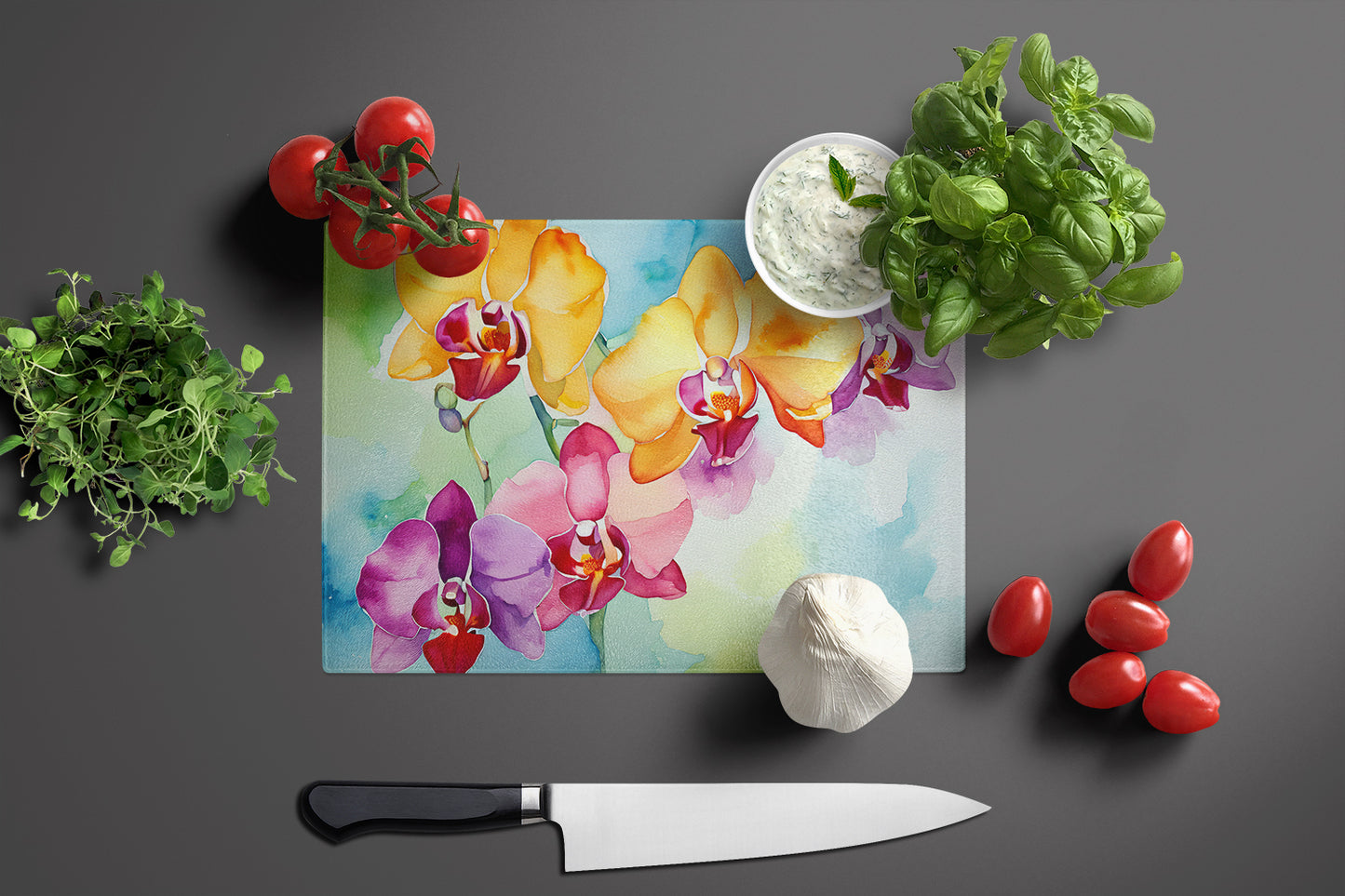 Orchids in Watercolor Glass Cutting Board