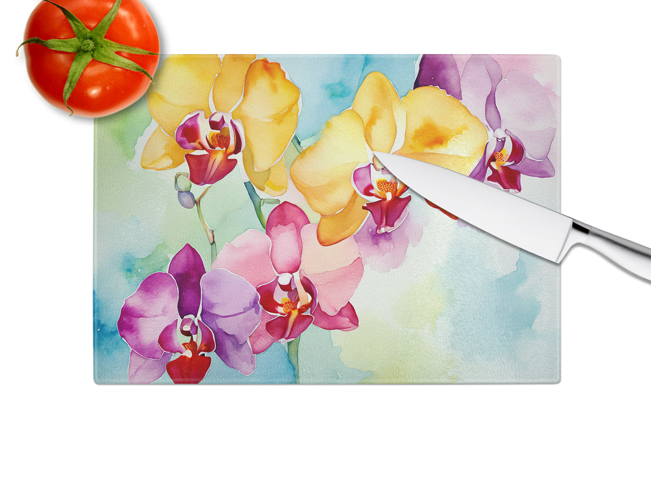 Orchids in Watercolor Glass Cutting Board