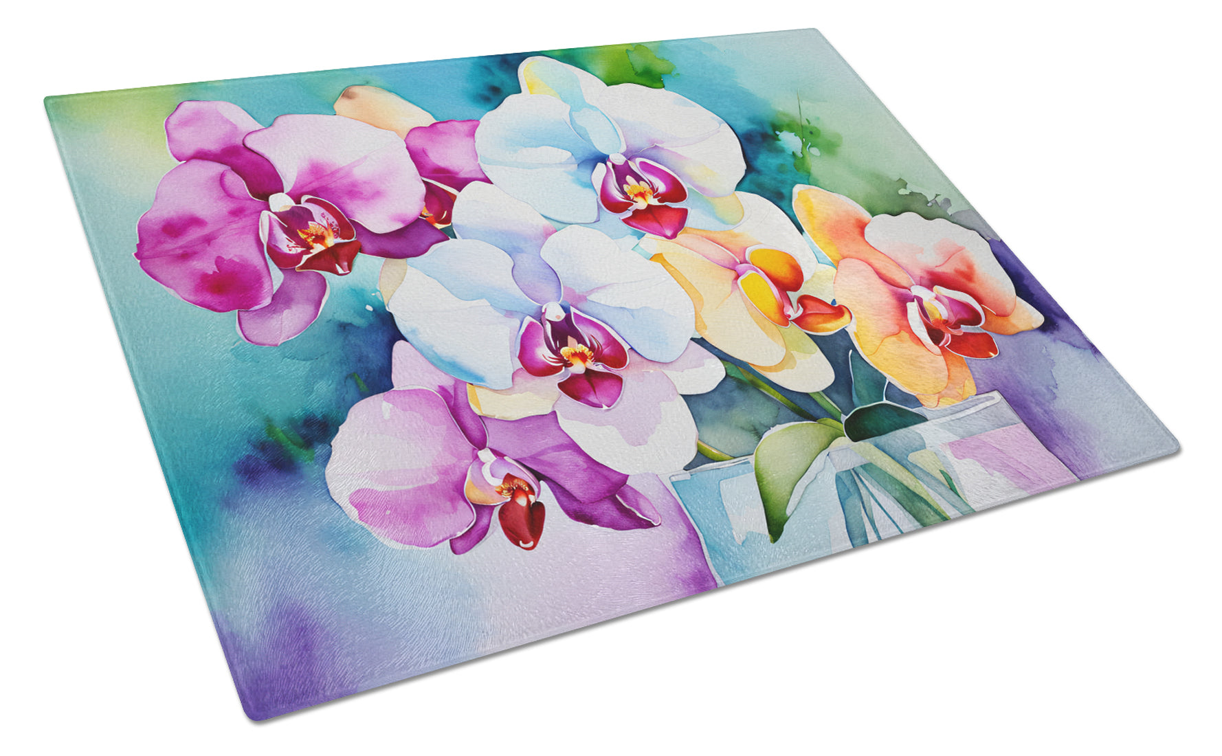 Buy this Orchids in Watercolor Glass Cutting Board