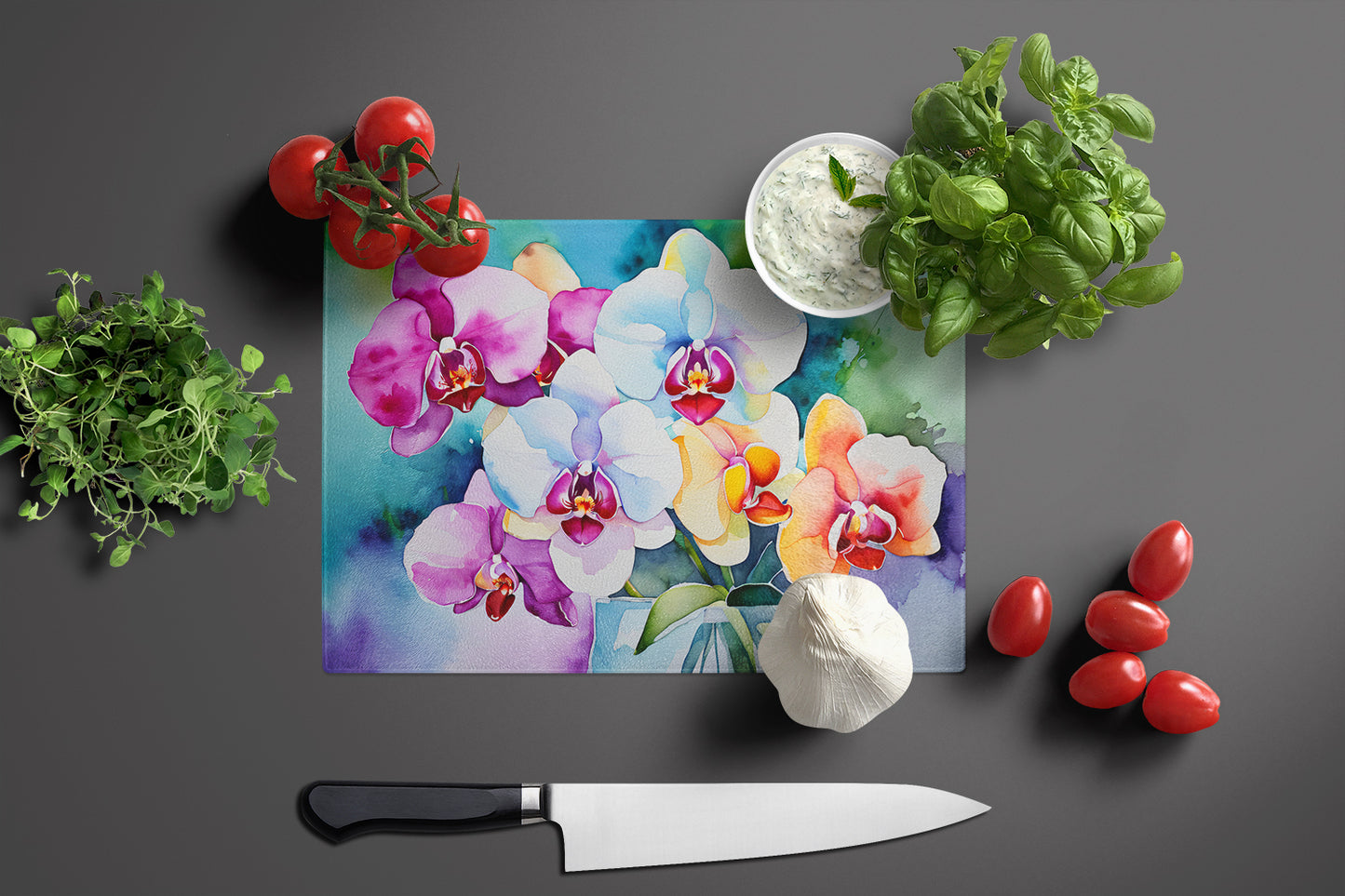 Orchids in Watercolor Glass Cutting Board