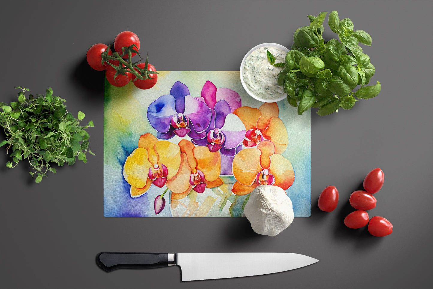 Orchids in Watercolor Glass Cutting Board