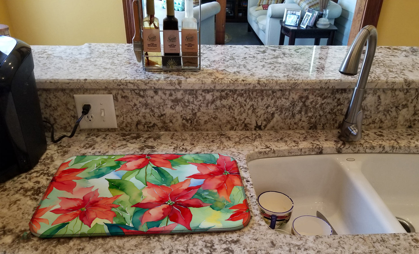 Poinsettias in Watercolor Dish Drying Mat
