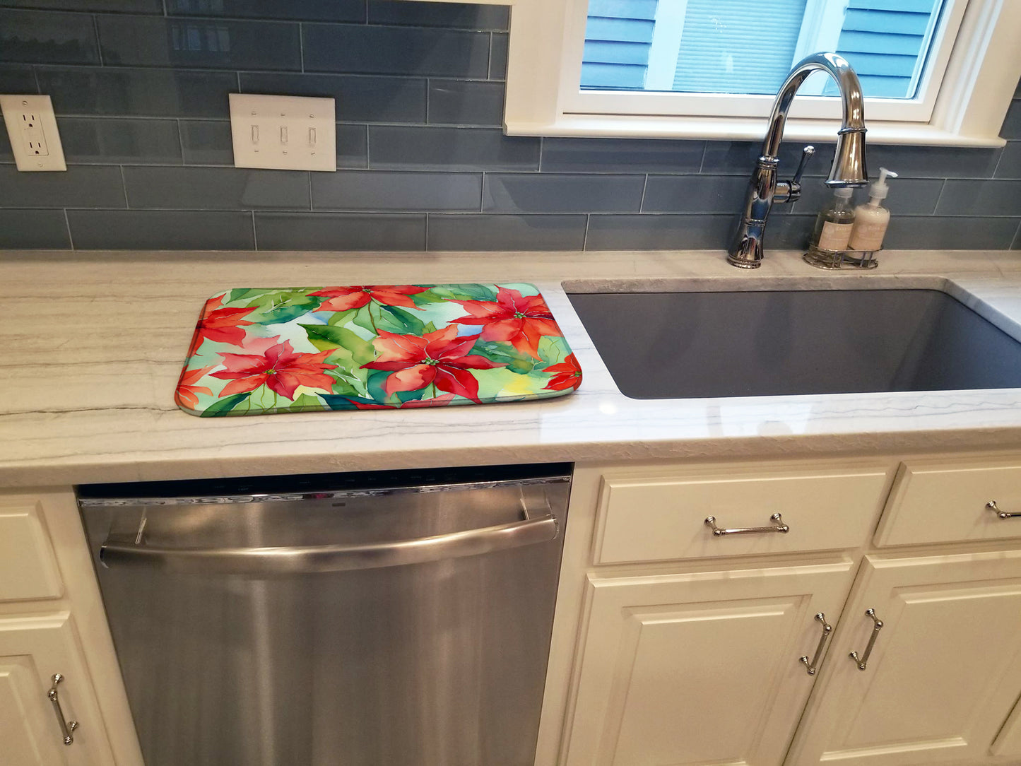 Poinsettias in Watercolor Dish Drying Mat