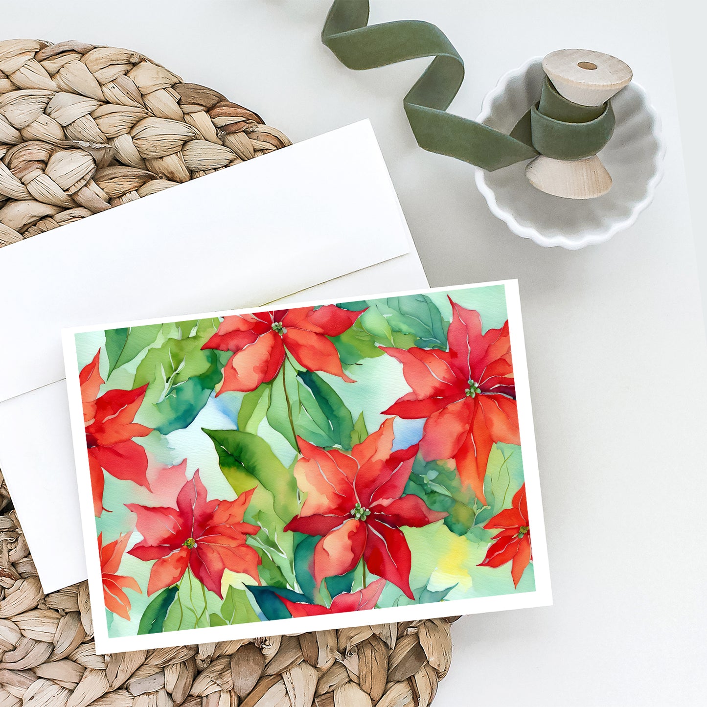 Poinsettias in Watercolor Greeting Cards Pack of 8