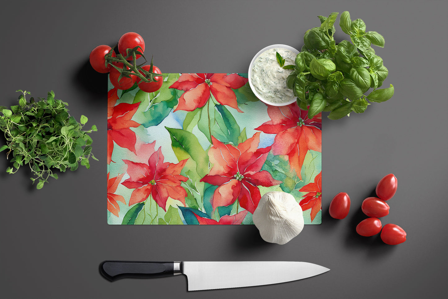 Poinsettias in Watercolor Glass Cutting Board