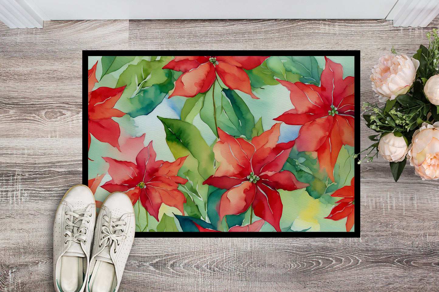 Poinsettias in Watercolor Doormat