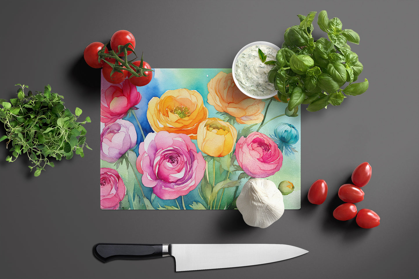 Ranunculus in Watercolor Glass Cutting Board