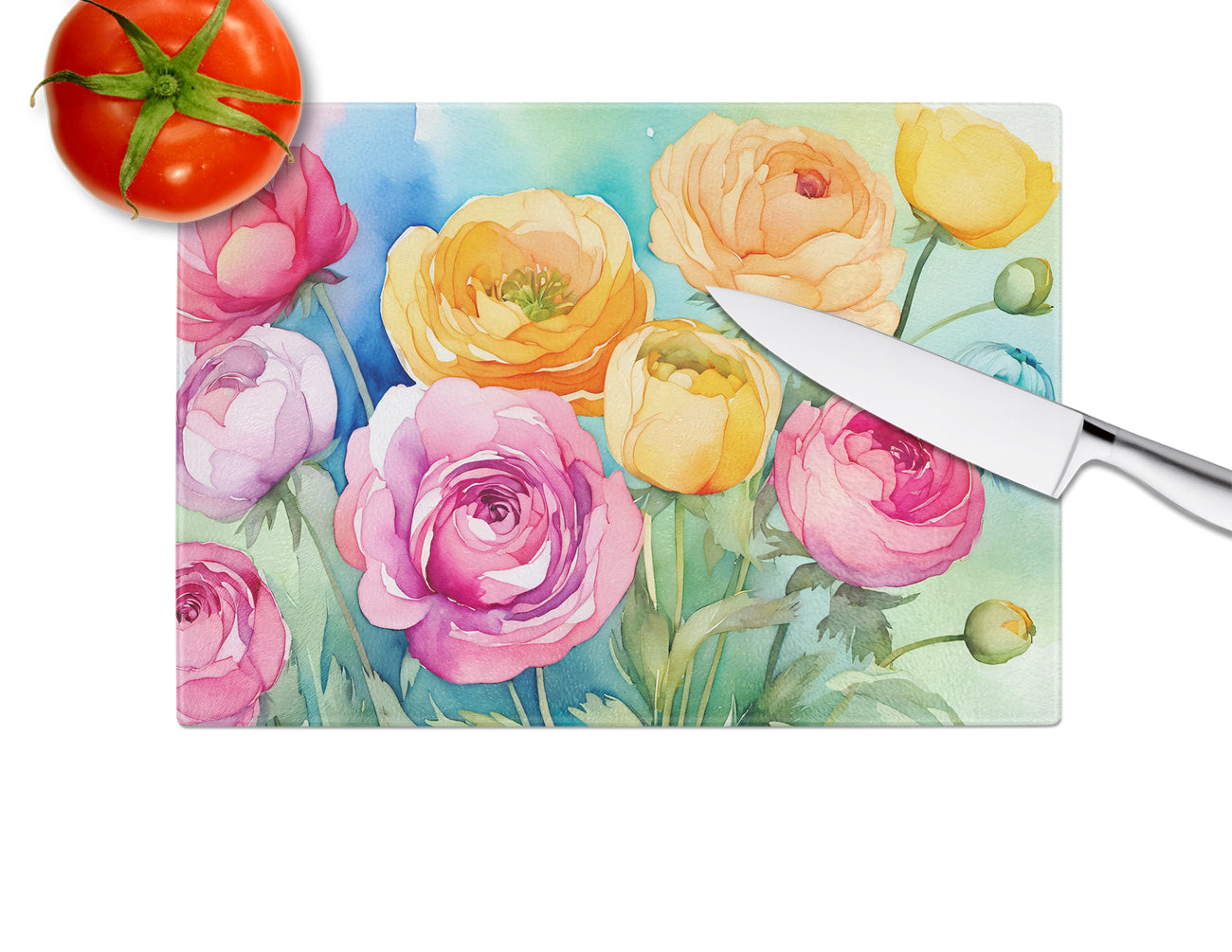 Ranunculus in Watercolor Glass Cutting Board