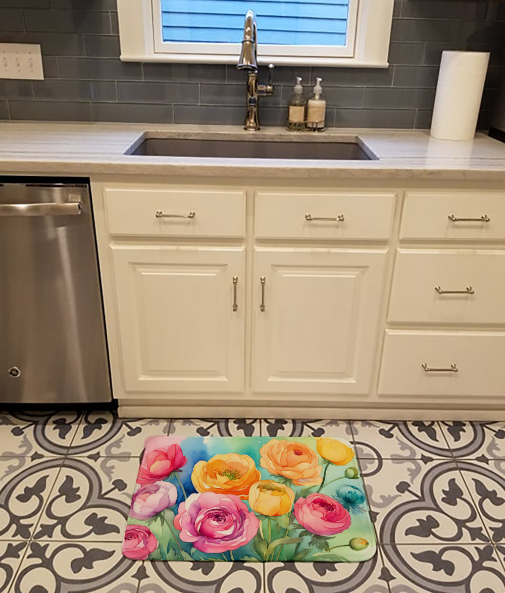 Ranunculus in Watercolor Memory Foam Kitchen Mat