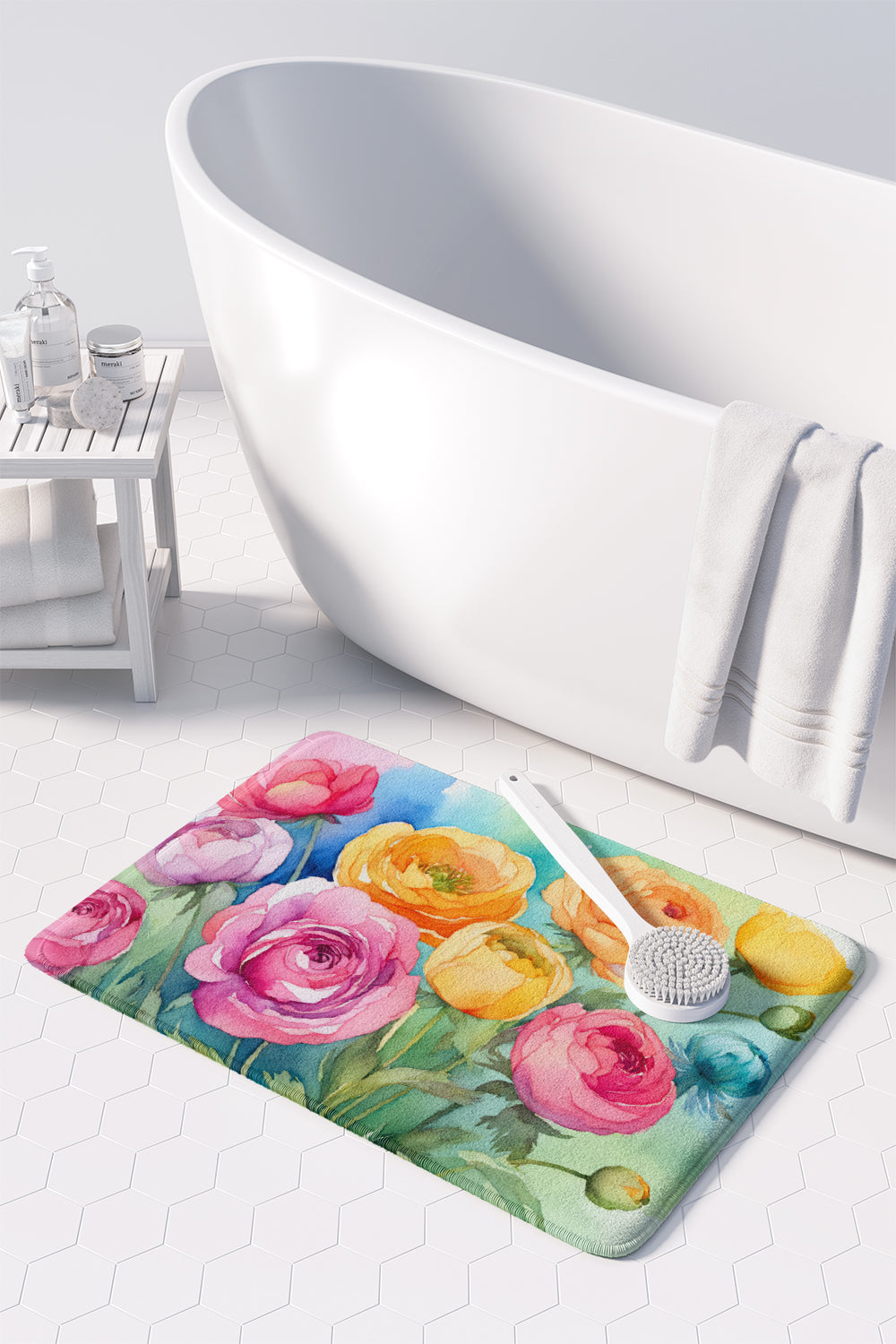 Ranunculus in Watercolor Memory Foam Kitchen Mat