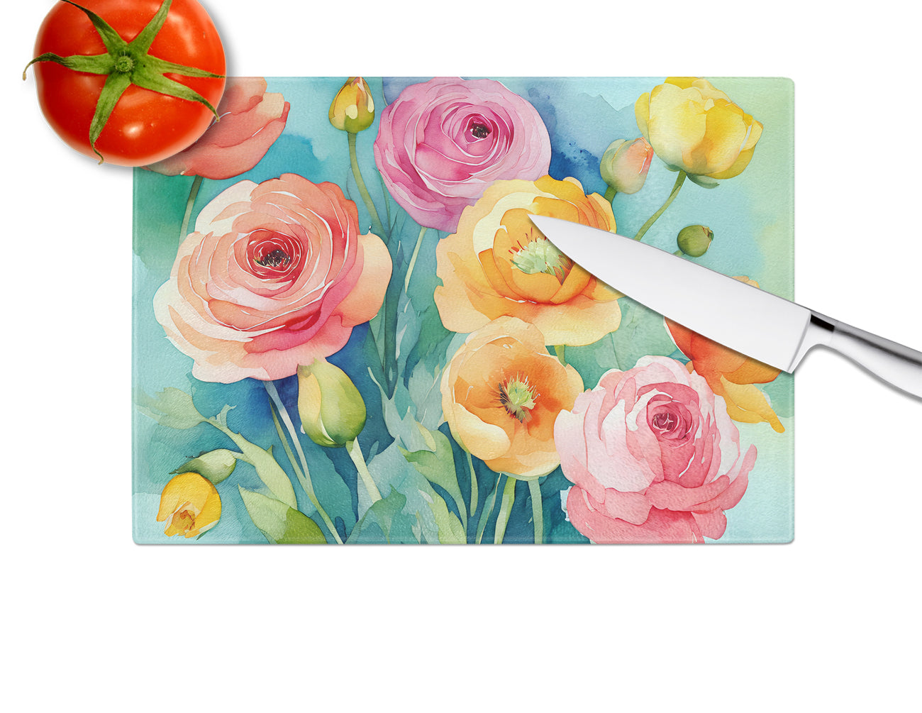 Ranunculus in Watercolor Glass Cutting Board