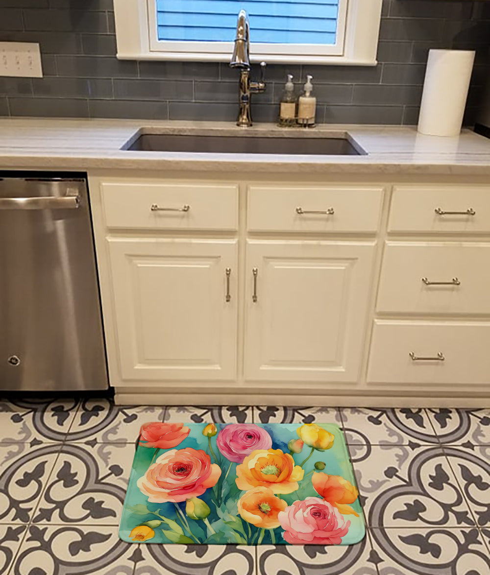 Ranunculus in Watercolor Memory Foam Kitchen Mat