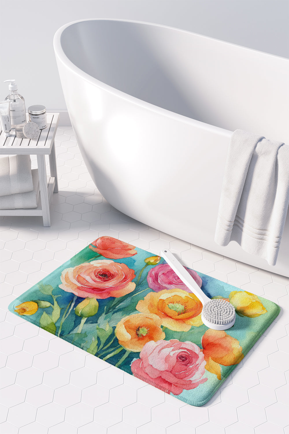 Ranunculus in Watercolor Memory Foam Kitchen Mat