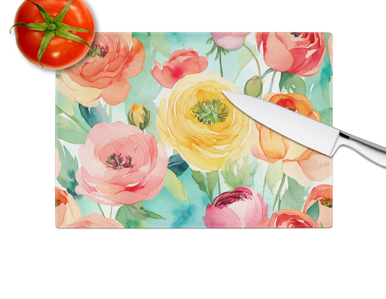 Ranunculus in Watercolor Glass Cutting Board