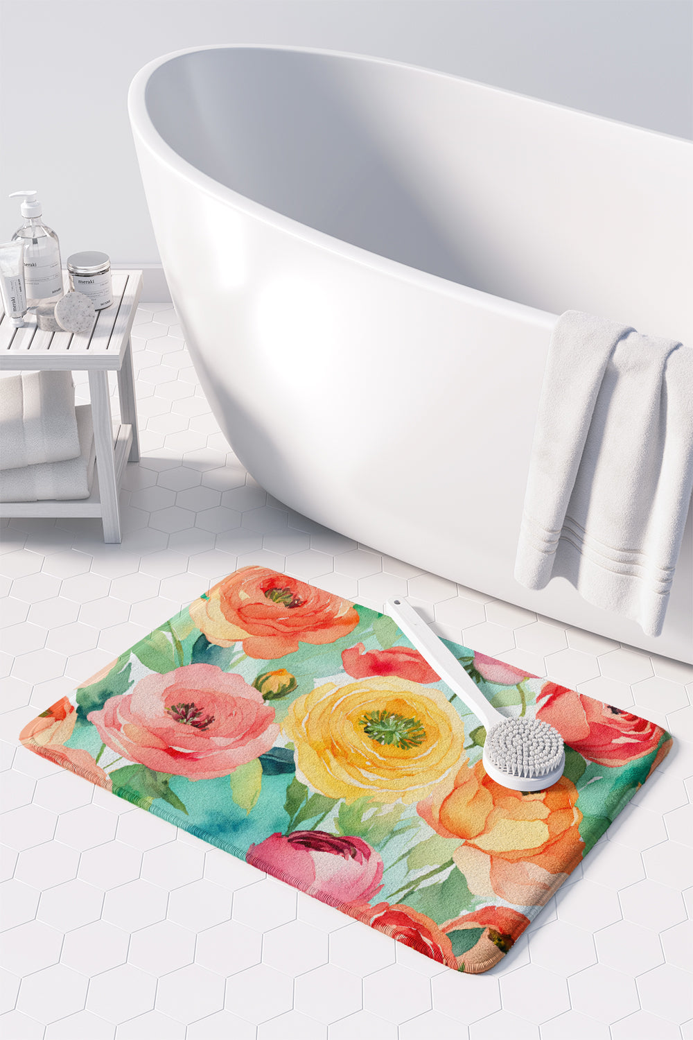 Ranunculus in Watercolor Memory Foam Kitchen Mat