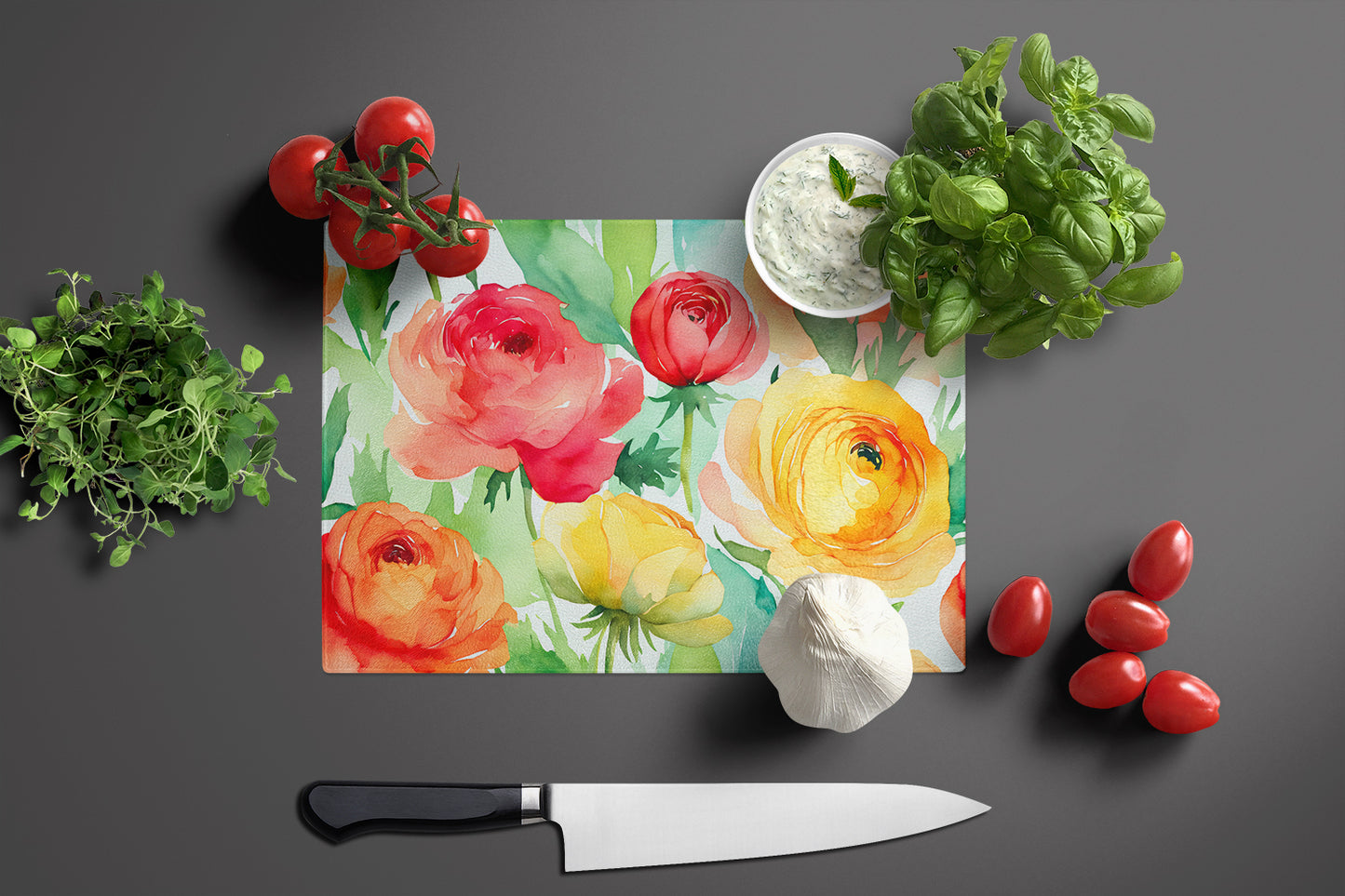 Ranunculus in Watercolor Glass Cutting Board