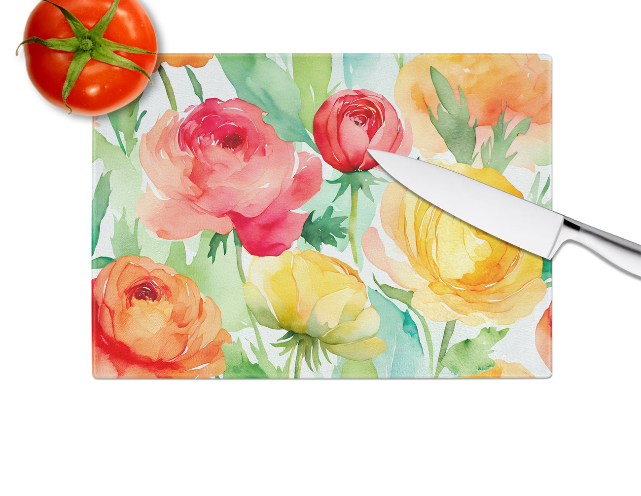 Ranunculus in Watercolor Glass Cutting Board