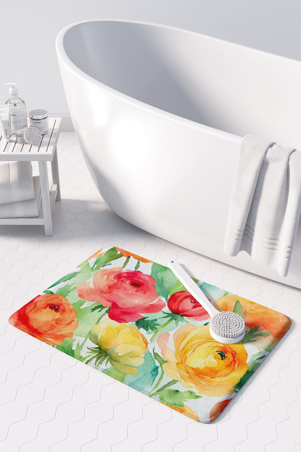Ranunculus in Watercolor Memory Foam Kitchen Mat
