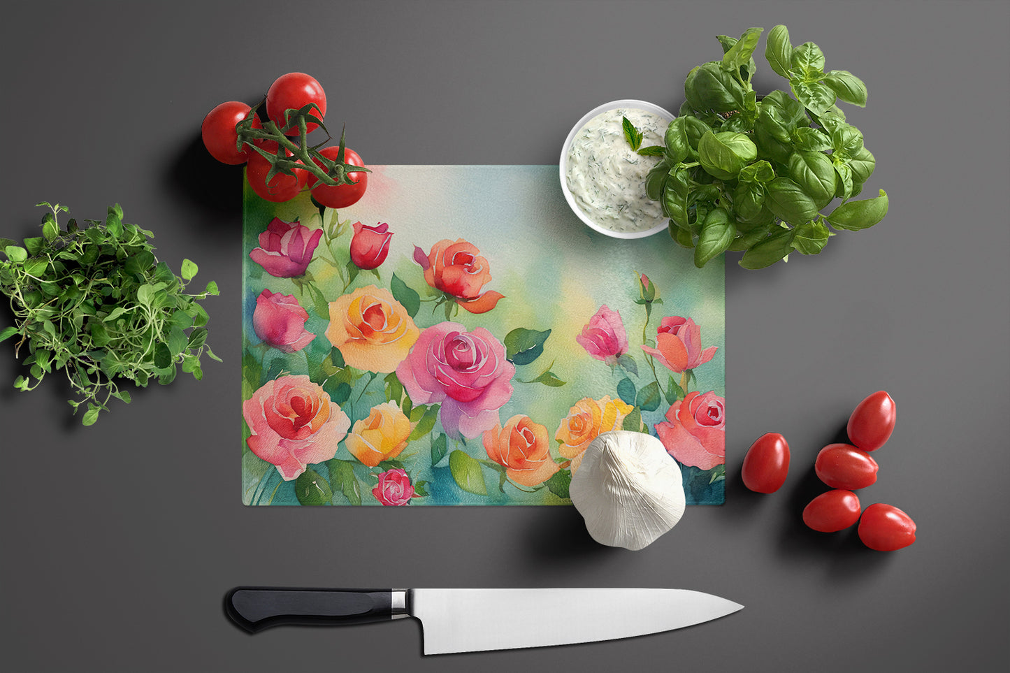 Roses in Watercolor Glass Cutting Board