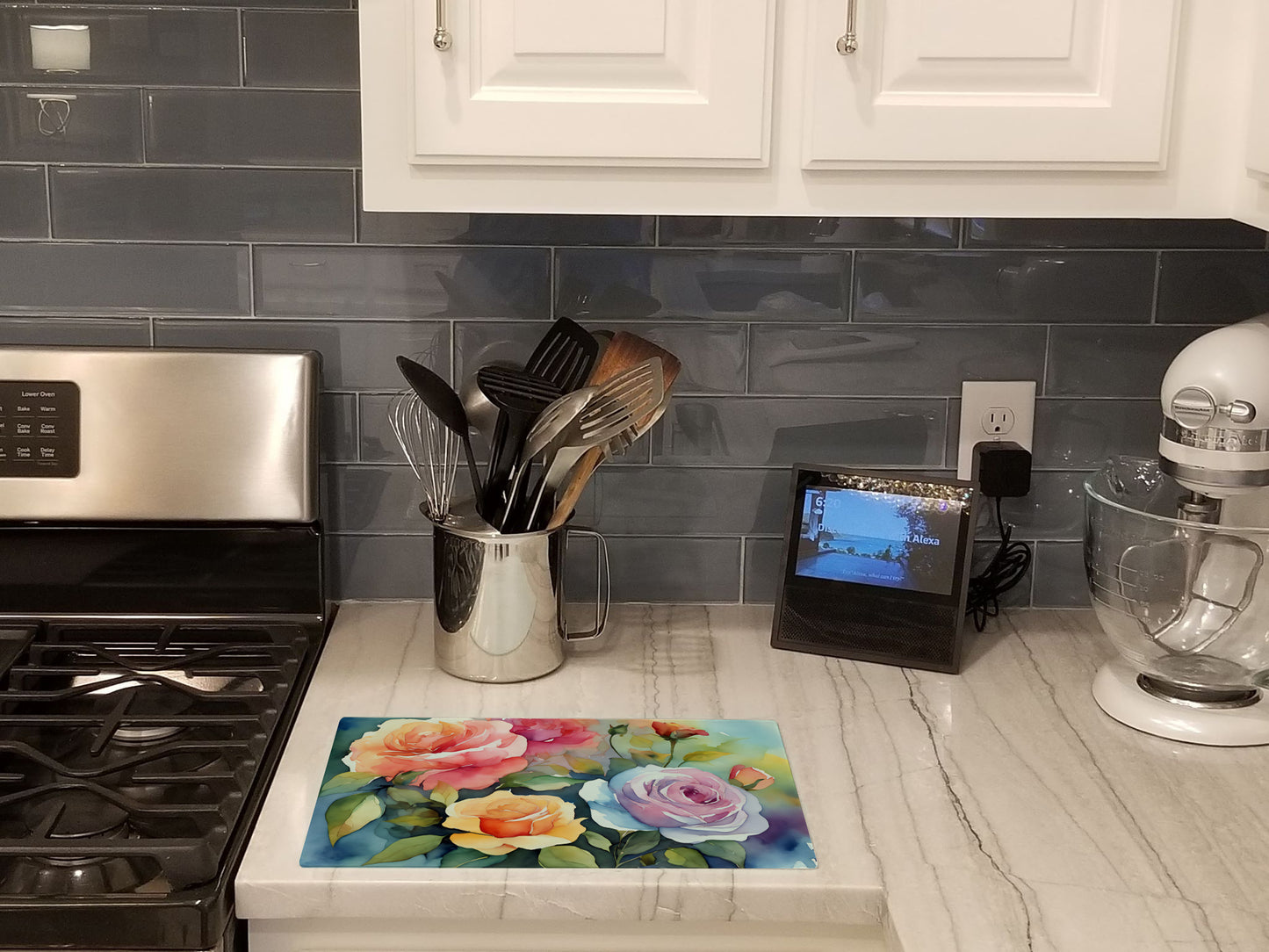 Roses in Watercolor Glass Cutting Board