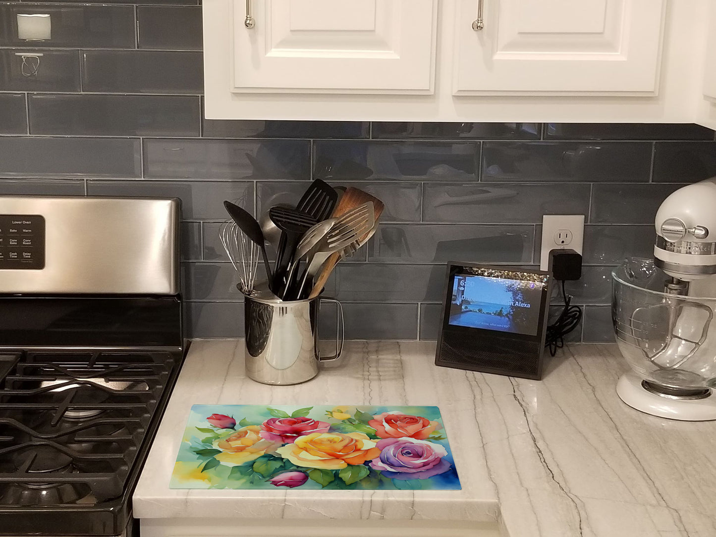 Roses in Watercolor Glass Cutting Board