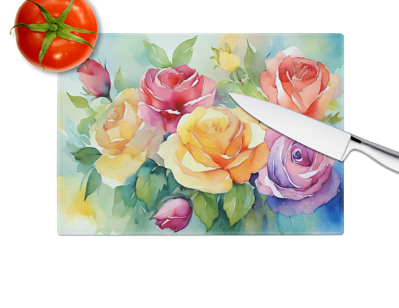 Roses in Watercolor Glass Cutting Board