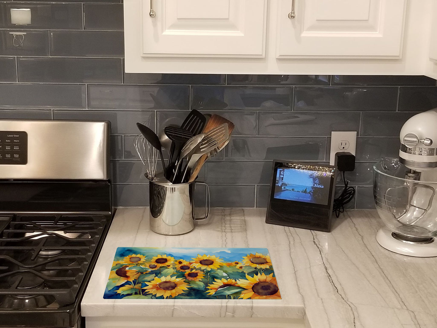 Sunflowers in Watercolor Glass Cutting Board