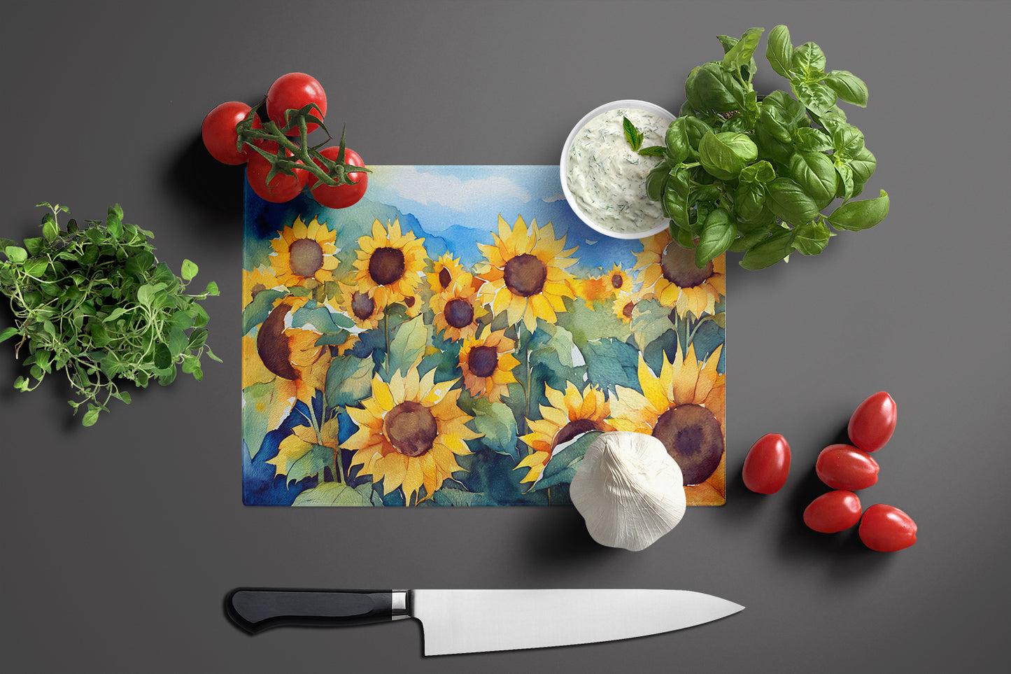 Sunflowers in Watercolor Glass Cutting Board