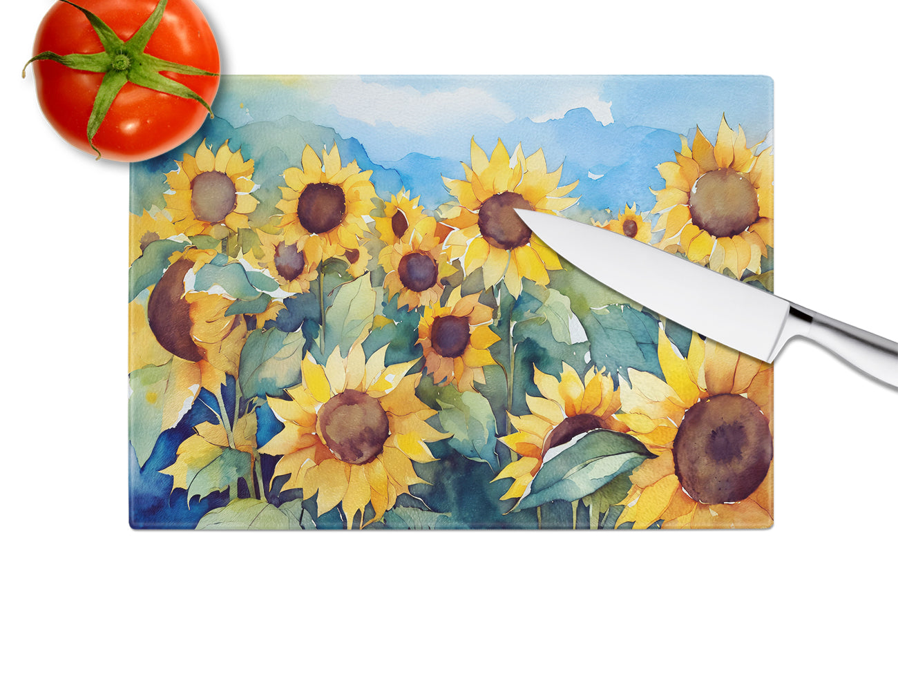 Sunflowers in Watercolor Glass Cutting Board