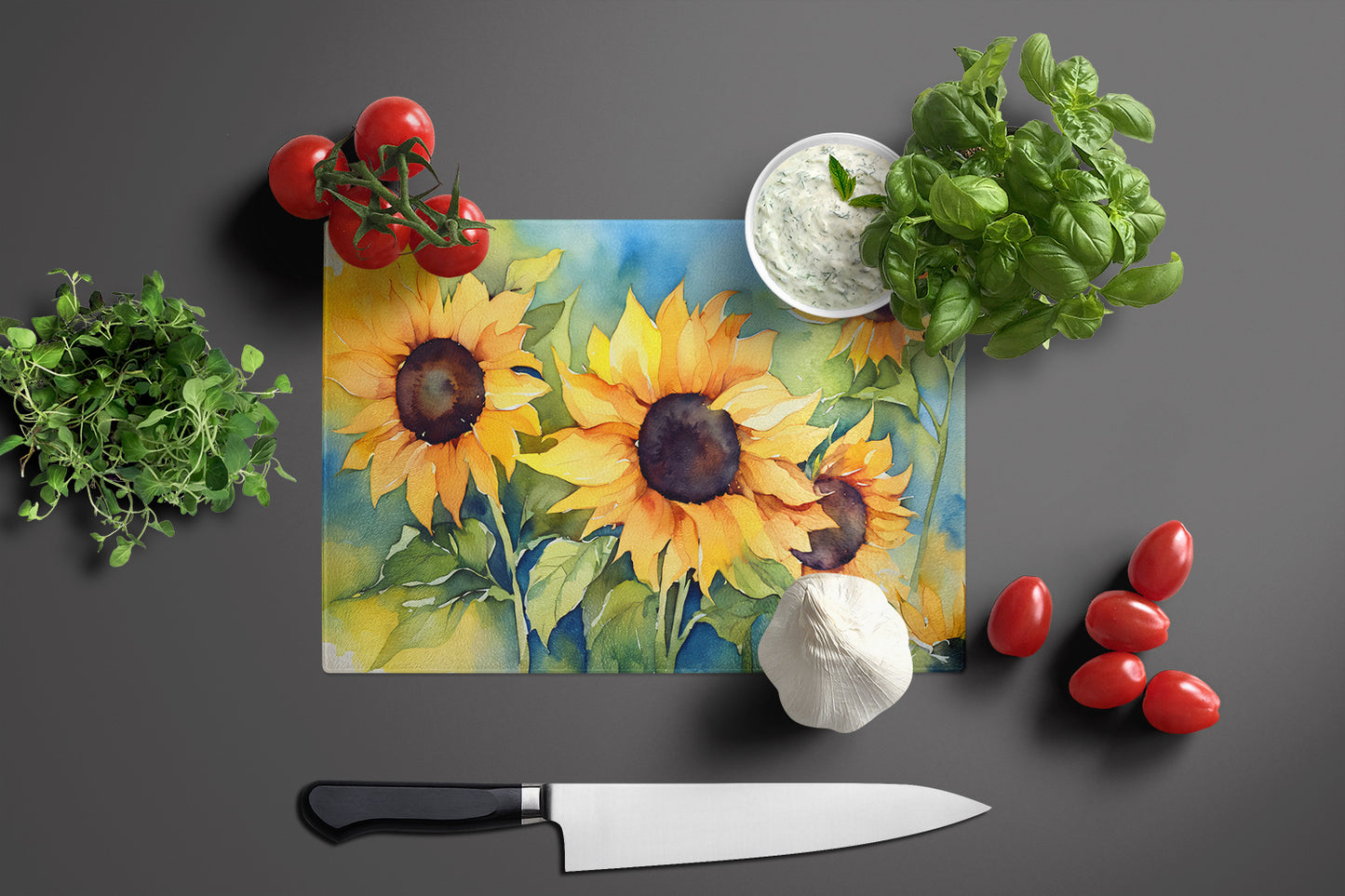 Sunflowers in Watercolor Glass Cutting Board