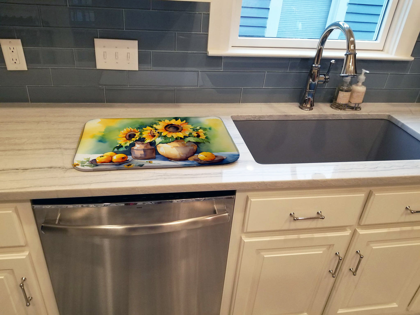 Sunflowers in Watercolor Dish Drying Mat