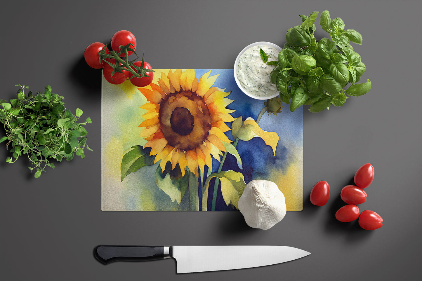 Sunflowers in Watercolor Glass Cutting Board