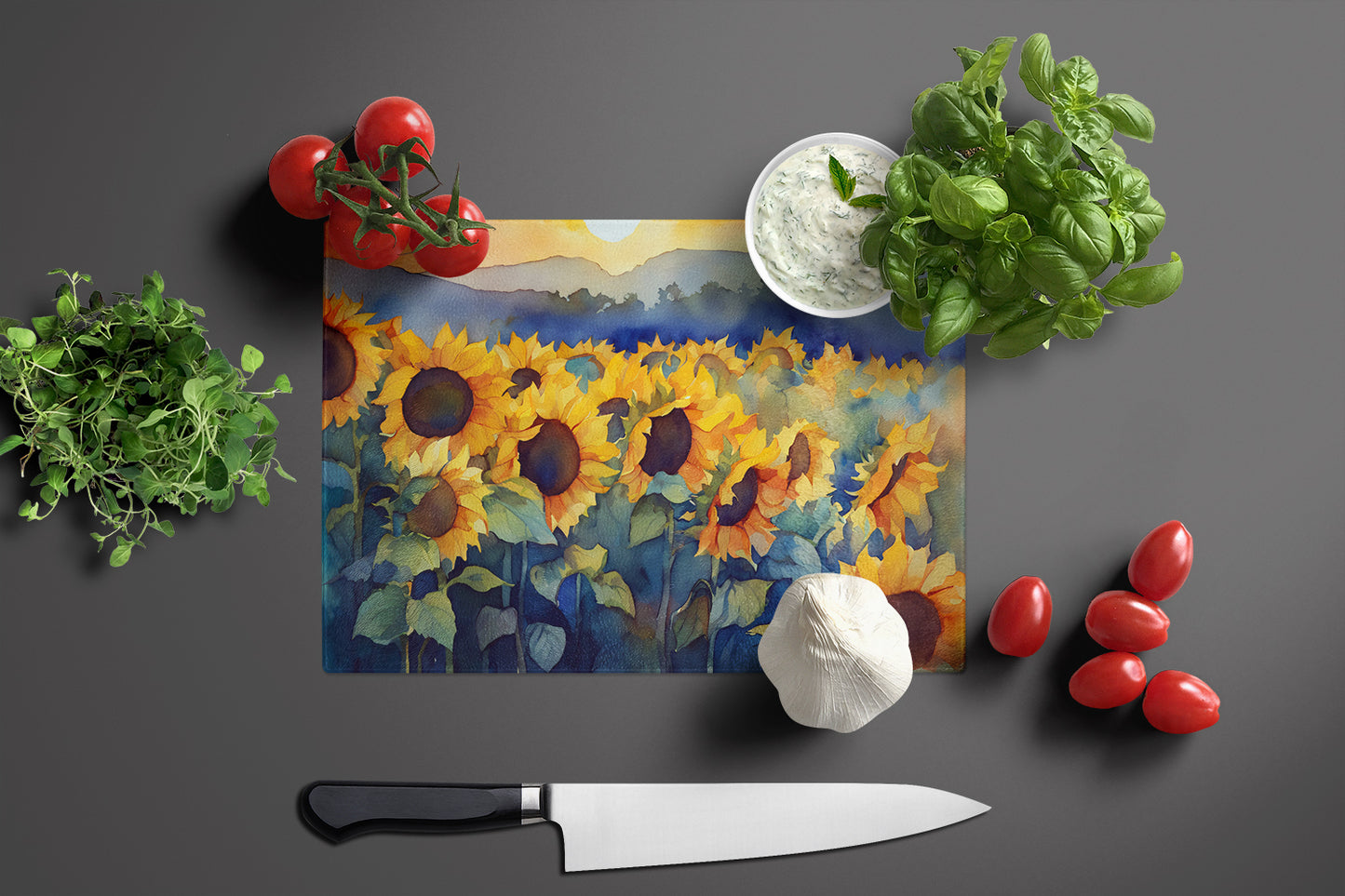 Sunflowers in Watercolor Glass Cutting Board